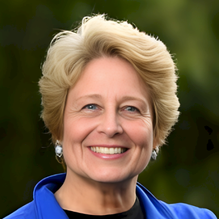 A smiling woman with short blond hair wearing a royal blue jacket, outdoors with a green blurred background.